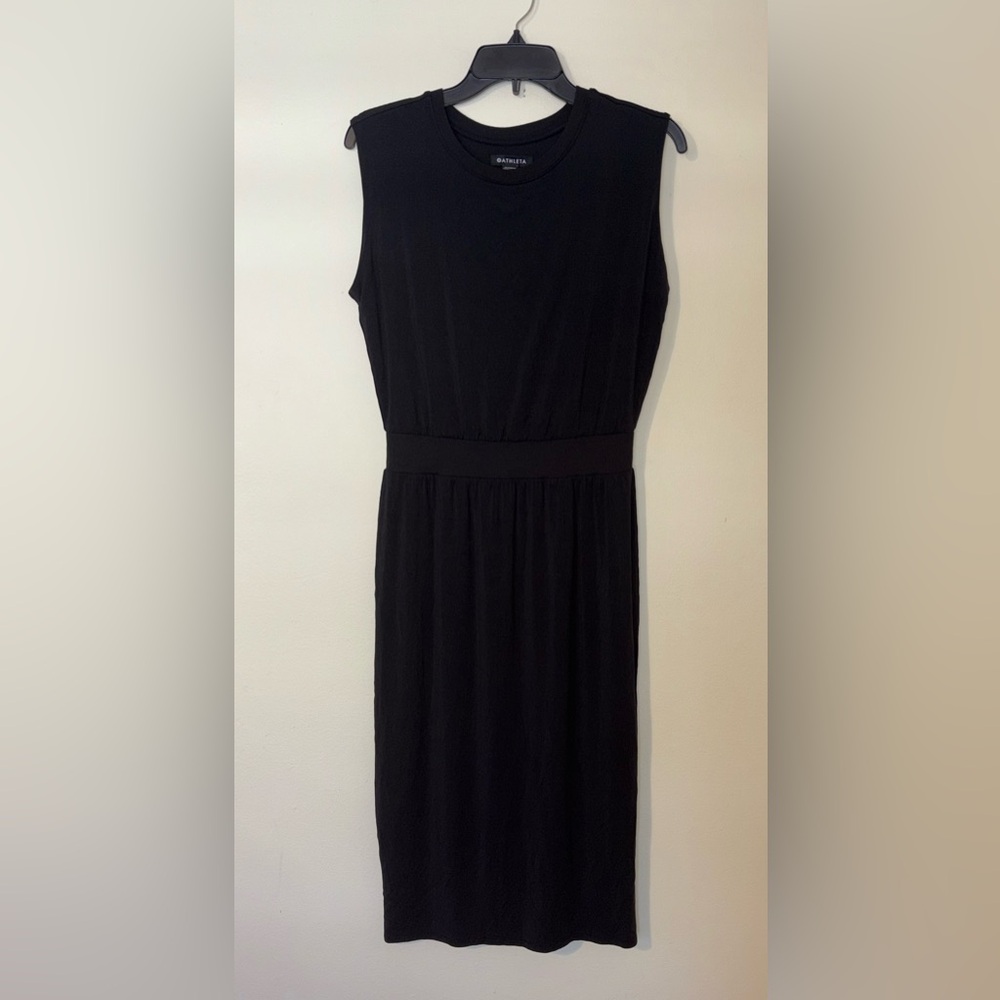 Athleta Black Sleeveless Midi Dress with Fitted Waist